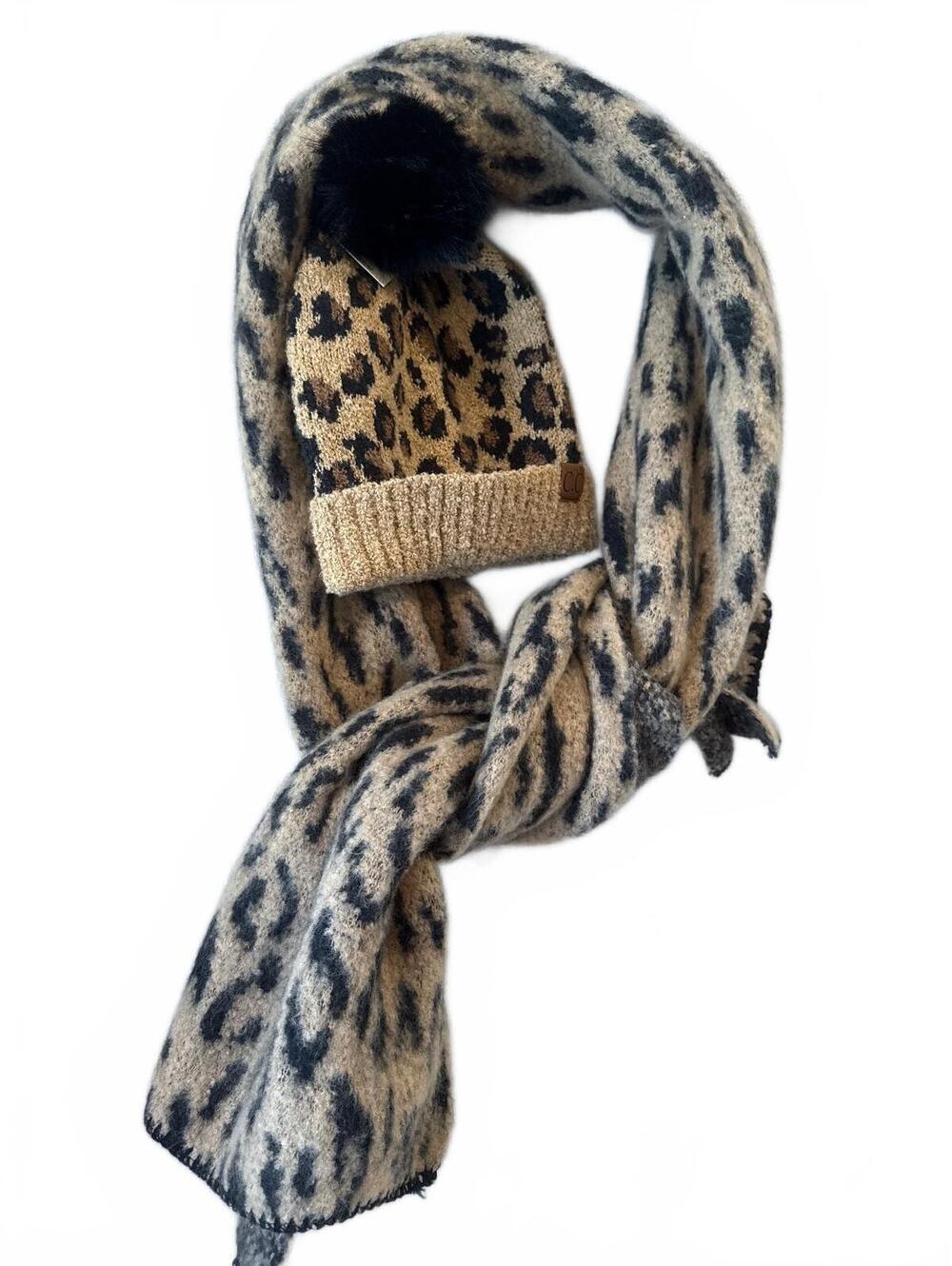 C.C Leopard Print Beanie with Pom Pom and Matching Leopard Print Scarf Set